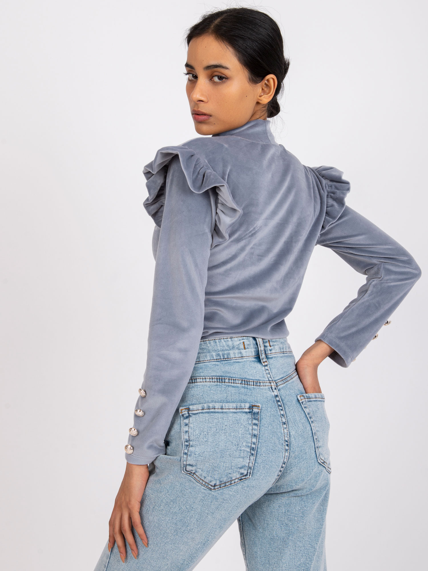 Сива Велурена Блуза с Дълъг Ръкав - ITALY MODA - Image 3