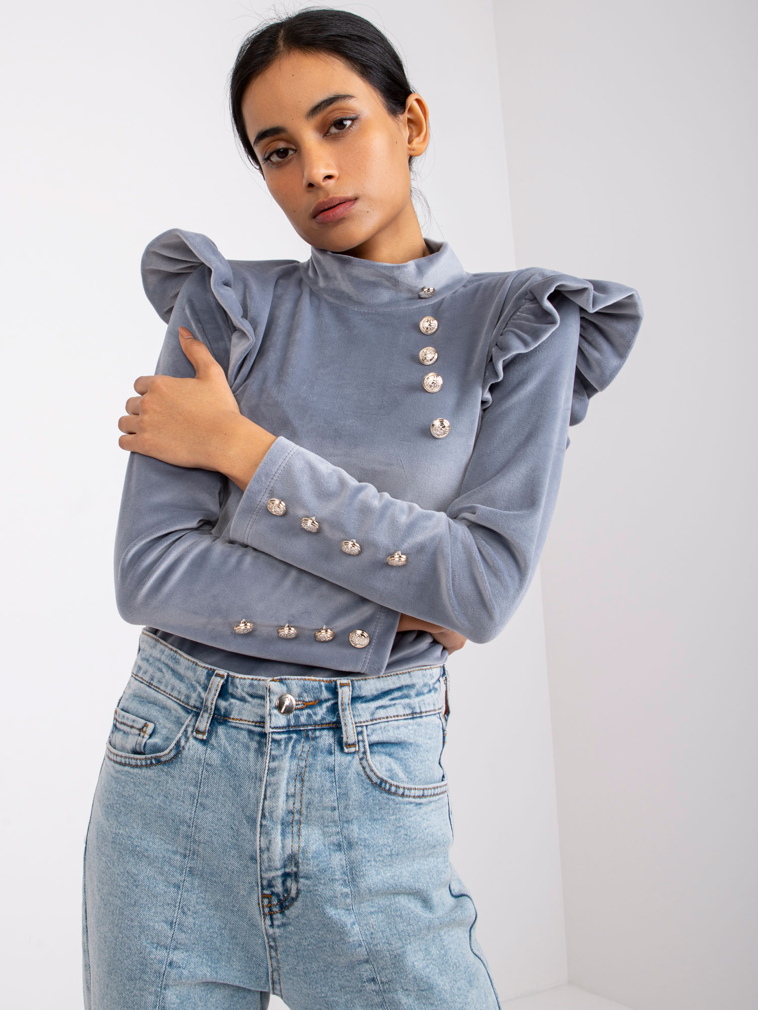 Сива Велурена Блуза с Дълъг Ръкав - ITALY MODA - Image 4