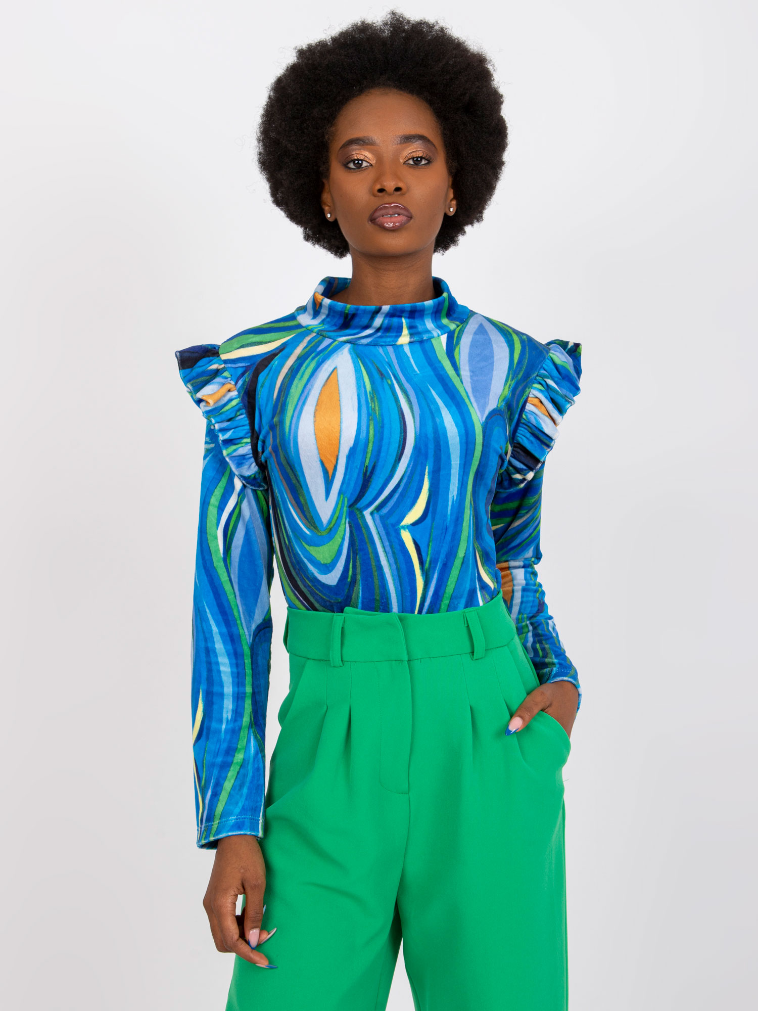 Синя Велурена Блуза с Волани Lina - ITALY MODA - Image 3