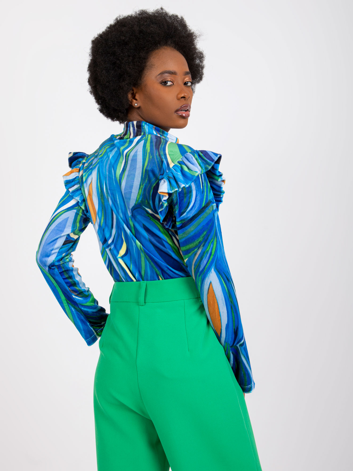 Синя Велурена Блуза с Волани Lina - ITALY MODA - Image 4