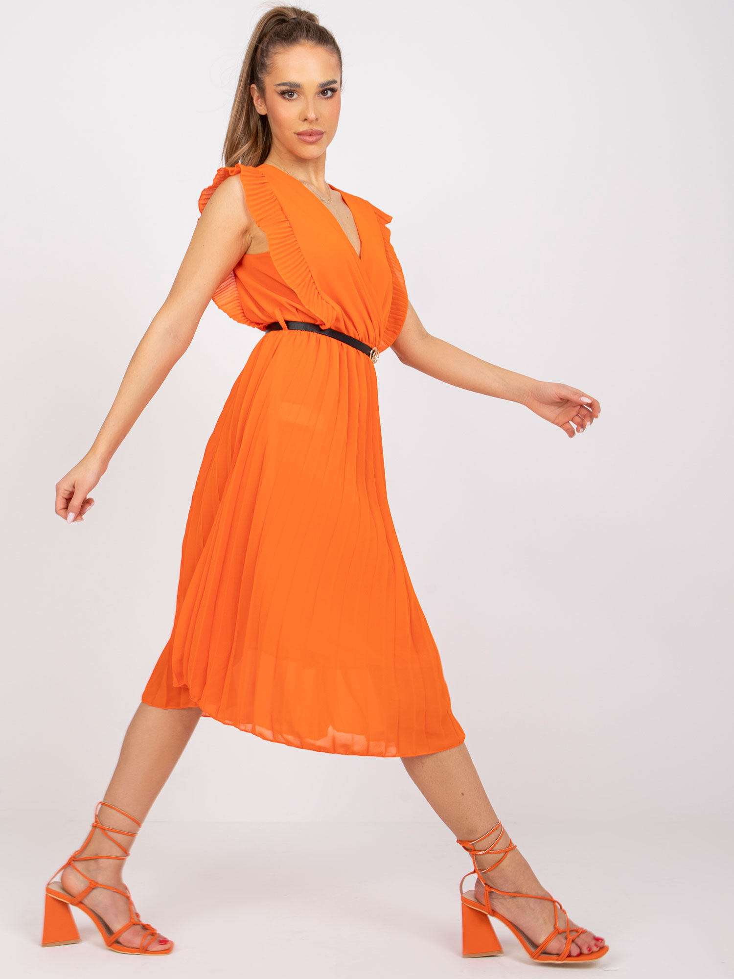 Оранжева Рокля Миди с Ефектна Яка - ITALY MODA - Image 2