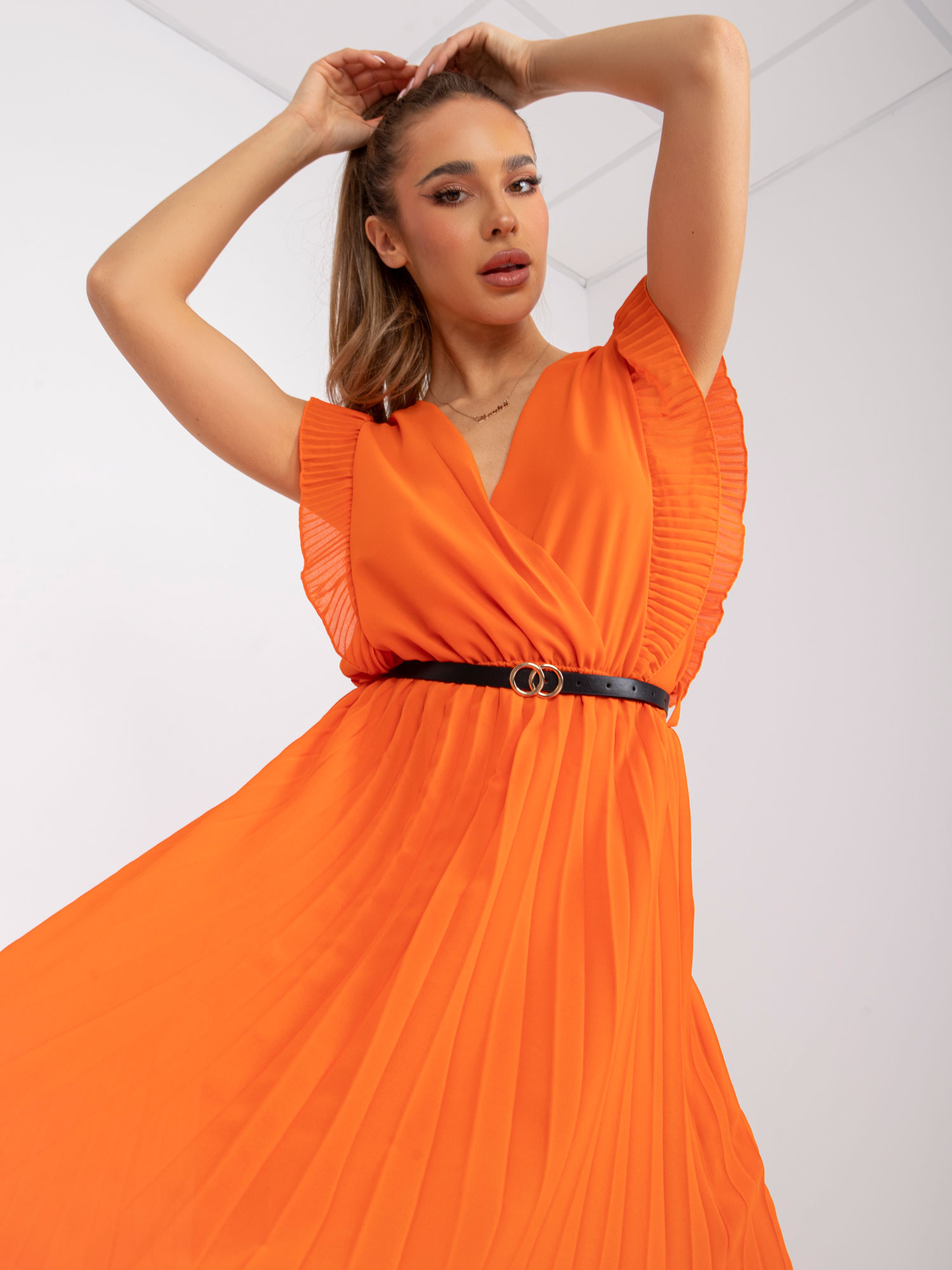 Оранжева Рокля Миди с Ефектна Яка - ITALY MODA - Image 3