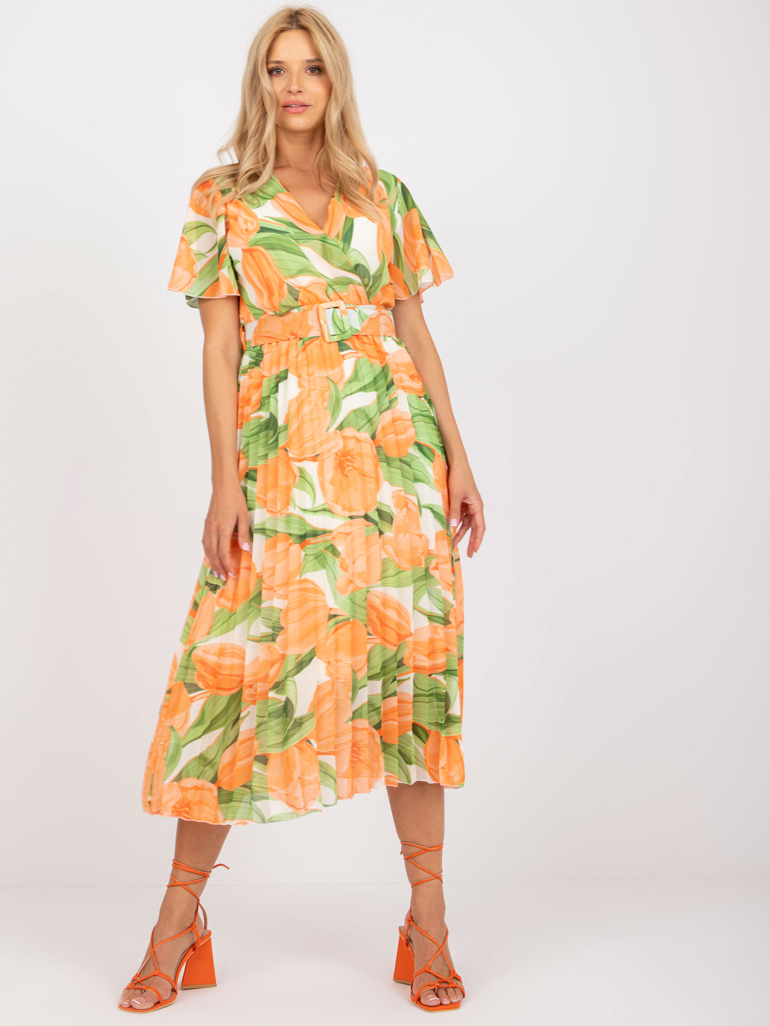 Оранжево-зелена плисирана рокля с цветя ITALY MODA - Image 2
