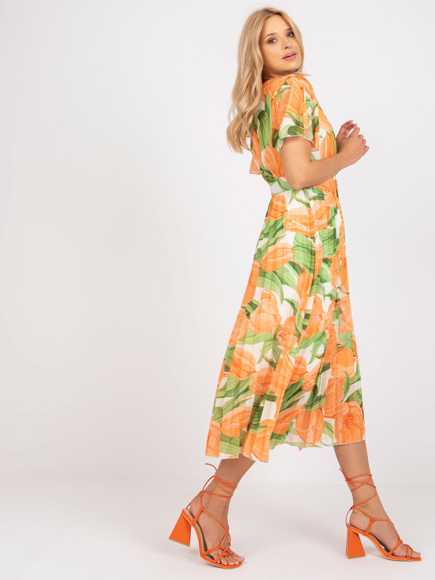 Оранжево-зелена плисирана рокля с цветя ITALY MODA - Image 3