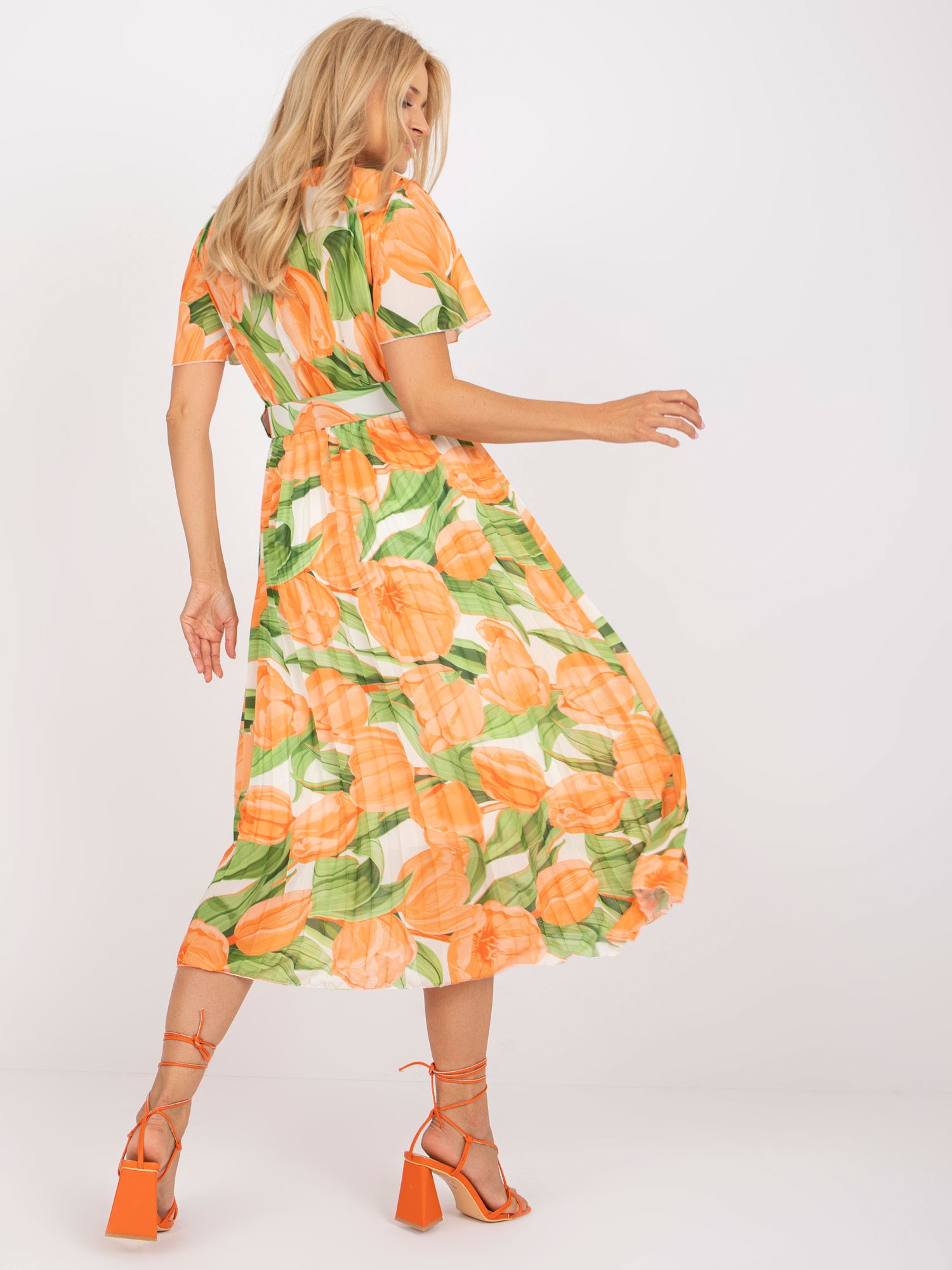 Оранжево-зелена плисирана рокля с цветя ITALY MODA - Image 4