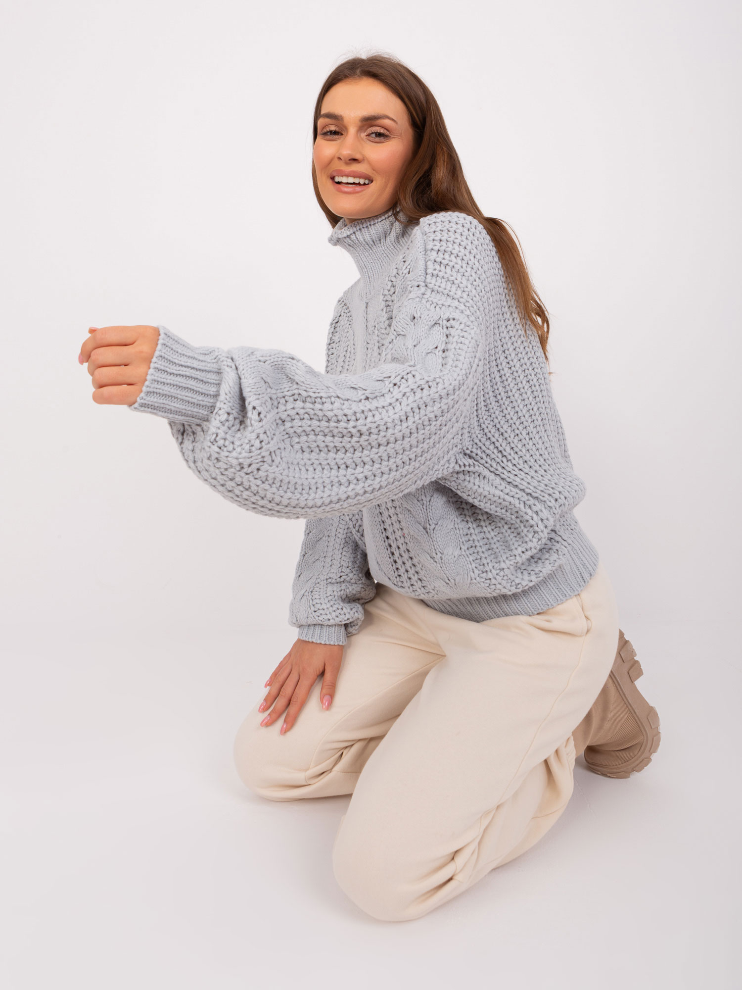 Сив Дамски Пуловер Oversized Wool Fashion Italia