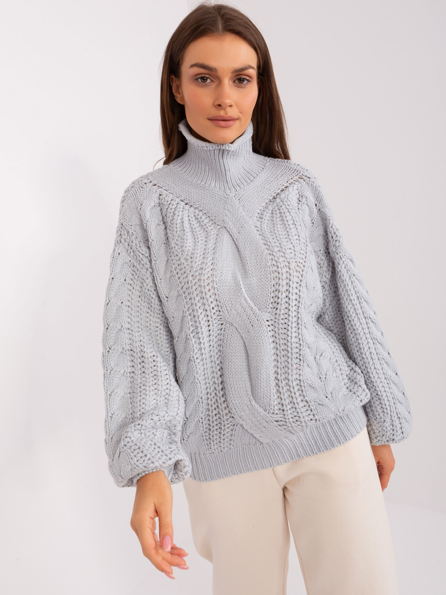 Сив Дамски Пуловер Oversized Wool Fashion Italia - Image 3