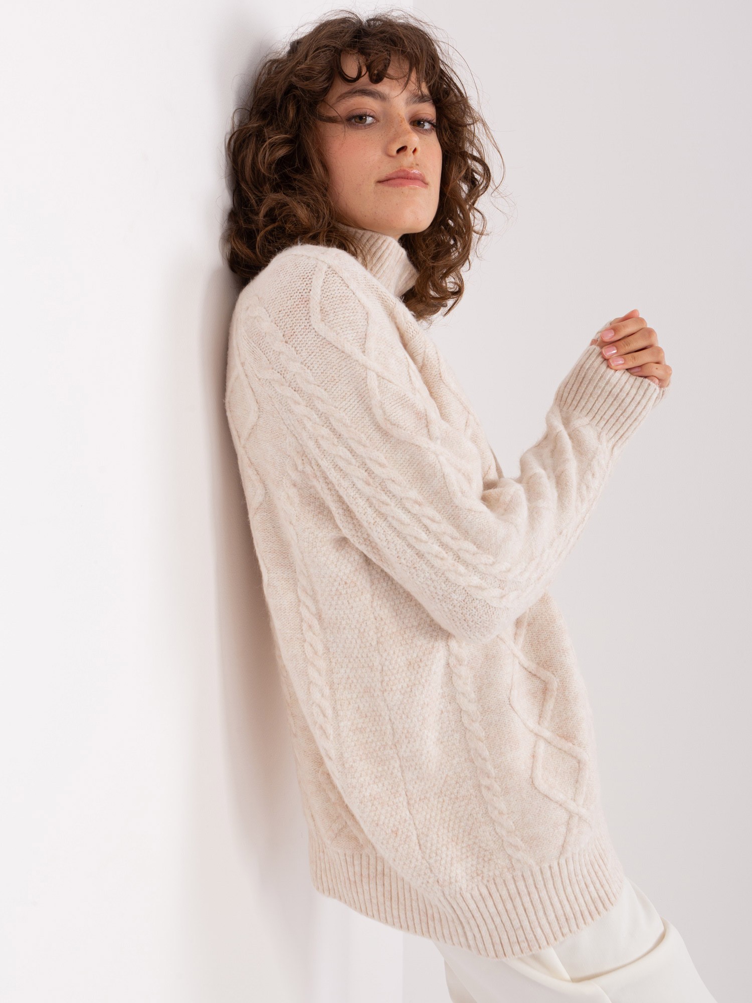 Бежов Дамски Пуловер с Плетки и Поло Wool Fashion Italia - Image 2