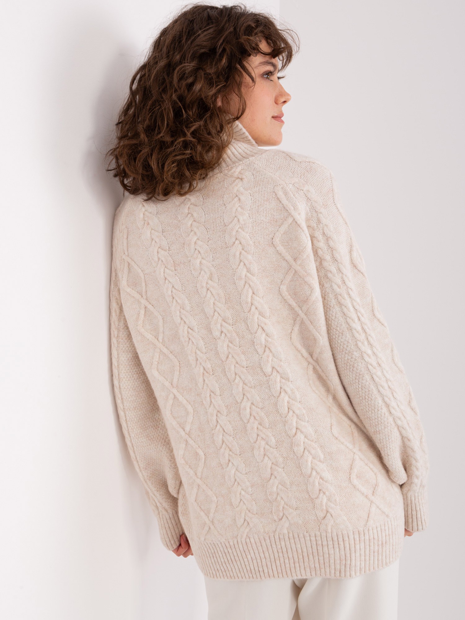 Бежов Дамски Пуловер с Плетки и Поло Wool Fashion Italia - Image 3