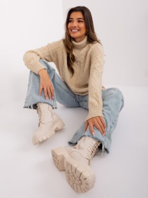 Бежов Пуловер с Плетки и Поло Яка Wool Fashion Italia
